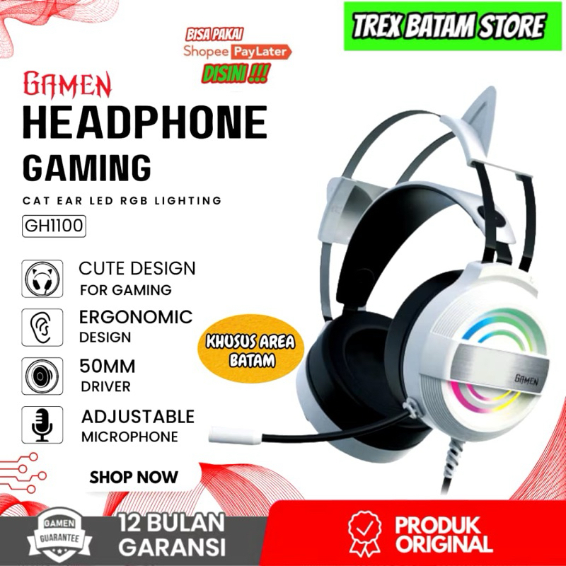 HEADPHONE GAMEN GAMING CUTE DESIGN RGB CAT EAR GARANSI GH1100 [ BATAM ]