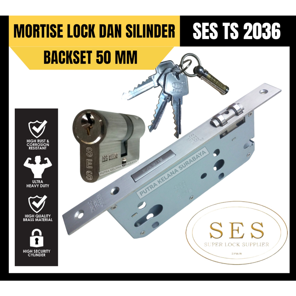 Body Pelor SES Stainless Steel TS-2036 - 50 mm 1 SET ( Body+ Silinder ) /Mortise Lock SES 50mm /  Ku