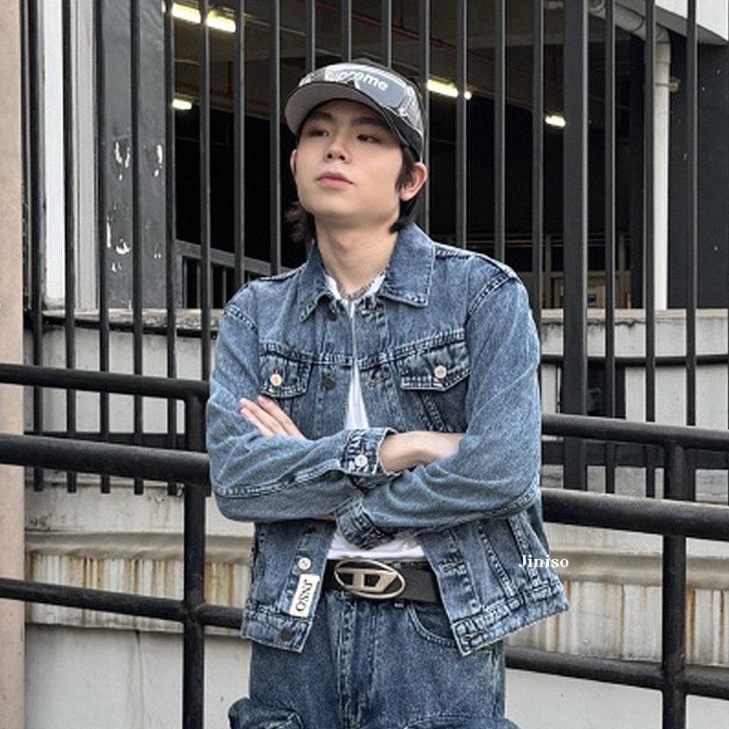 new jiniso - denim pria jaket jeans oversize vintage blue acid