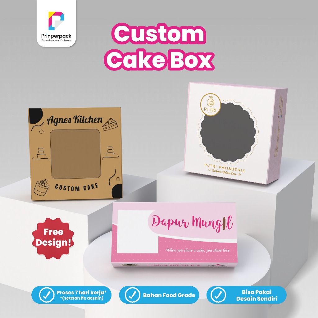 

Dus kue custom / cetak kemasan pakai logo sendiri / cake bolu custom / dus brownies cetak logo / custom cake box / cetak kemasan / branding kemasan kue / dus bolu custom / dus roti custom / cakr pastry custom / cetak dus kue kekinian / packaging custom