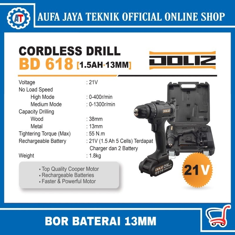 DOLIZ Cordless Drill Machine Mesin Bor Baterai BD 618, DOLIZ bor baterai 21V doliz BD618 /Mesin bor 