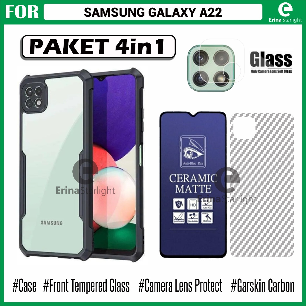 Paket Lengkap 4in1 Case Samsung Galaxy A22 A22 5G M22 A12 M12 Case Fusion Anti Gores + Garskin 3D
