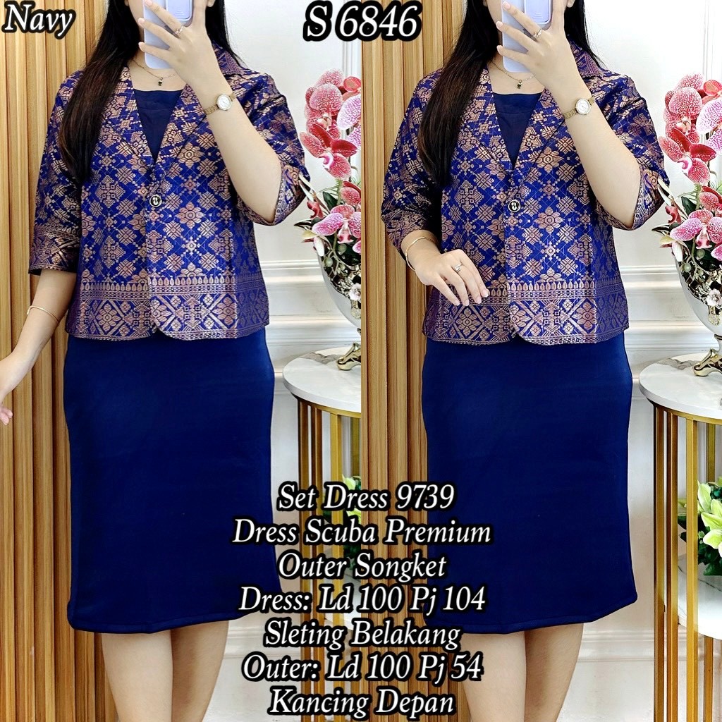 S 6846 #Set Dress Rompi Scuba Songket Stelan Midi Dress Rompi Wanita 9739