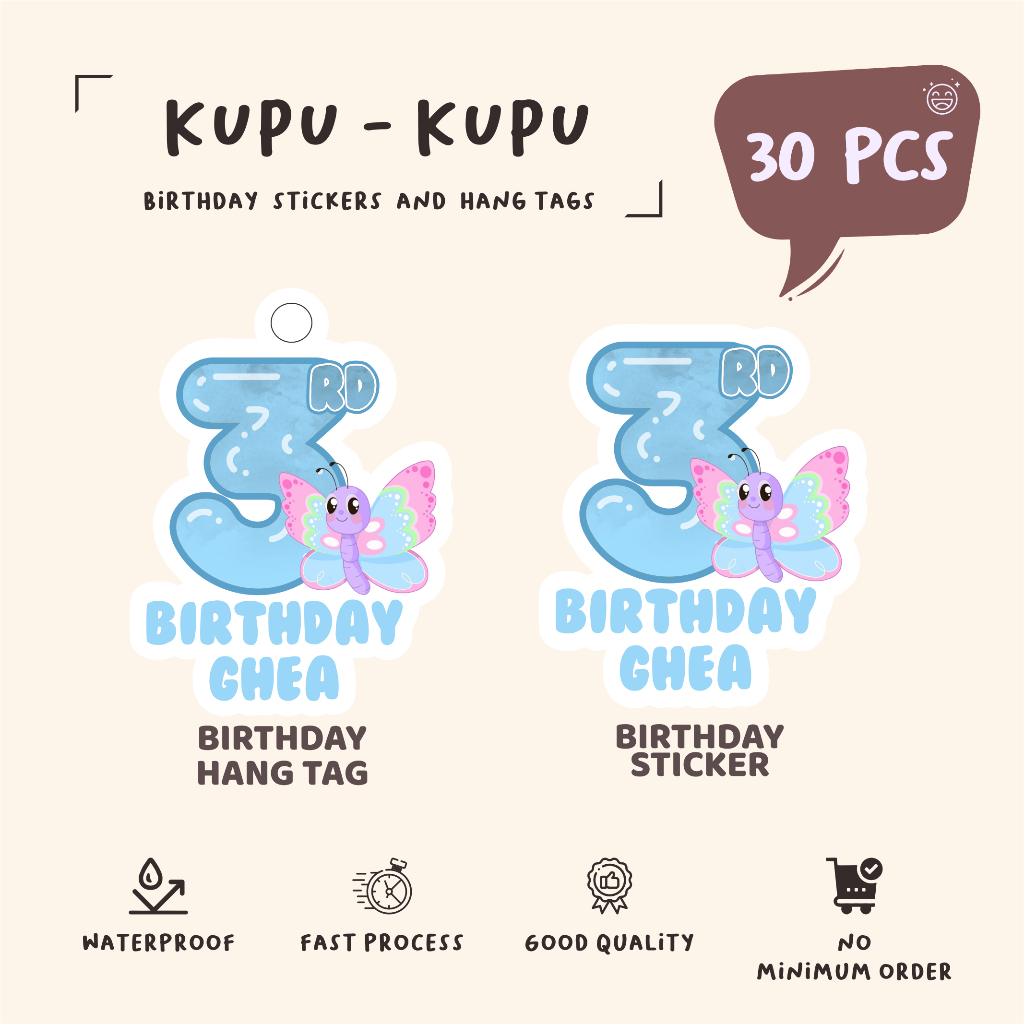 

(30pcs)diecut label hang tag KUPU - KUPU //label tag/lucu cetak hang tag ulang tahun/label stiker diecut/murah/label ulang tahun/suvemir ultah/stiker diecut/hangtag diecut