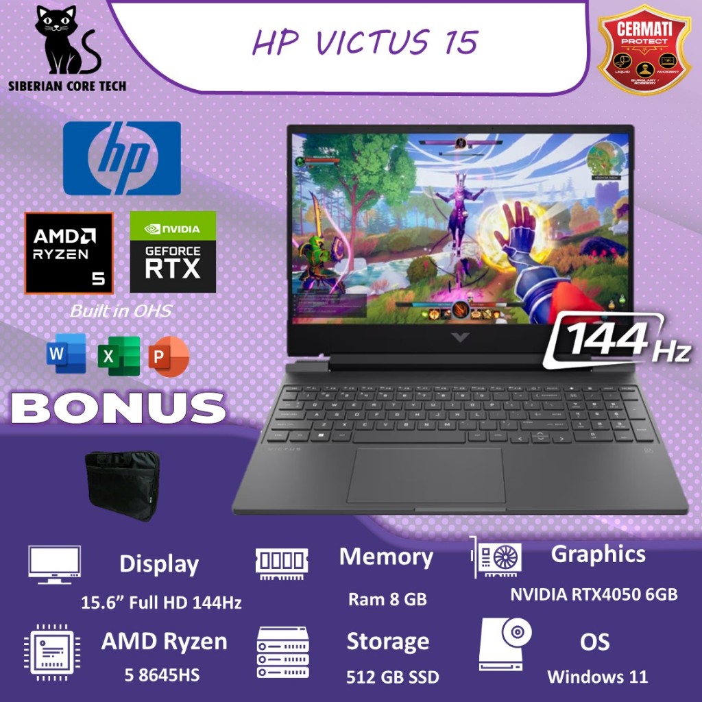 Laptop Gaming HP VICTUS 15 RYZEN 5 8645HS | 5 7535HS RAM 8GB 512SSD RTX4050 6GB WIN11+OHS 15.6FHD