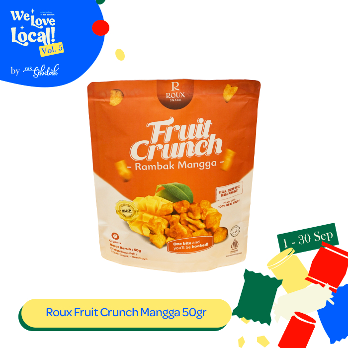 

Roux Fruit Crunch Rambak Mangga 50g - Keripik Buah Mango Kering Sehat