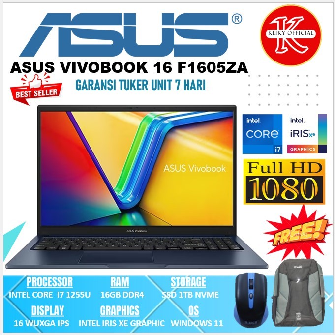 Laptop Kerja Asus Vivobook 16 F1605ZA Intel Core i7 Gen12 Ram 16GB Ssd 1Tb Black