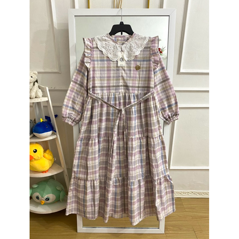 Dress flanel bangkok import dress kerah sailor katbol umpak lengan puffy balon