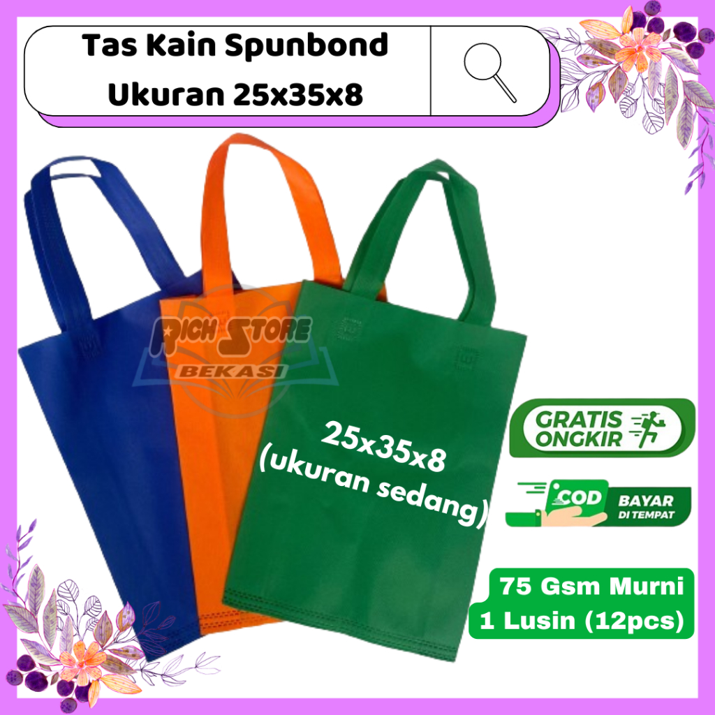 

TAS KAIN SPUNBOND UKURAN 25X35X8 1 Lusin 12pcs HANDLELIPAT SAMPING TAS BELANJAAN TAS PARSEL MURAH