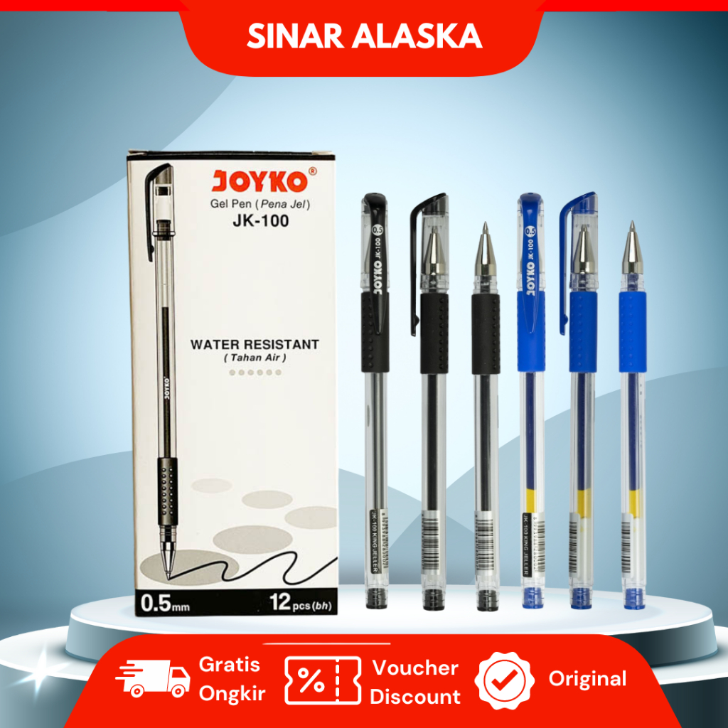 

(12 PCS) Pulpen Gel Pen Joyko JK100 Hitam Biru 0.5mm