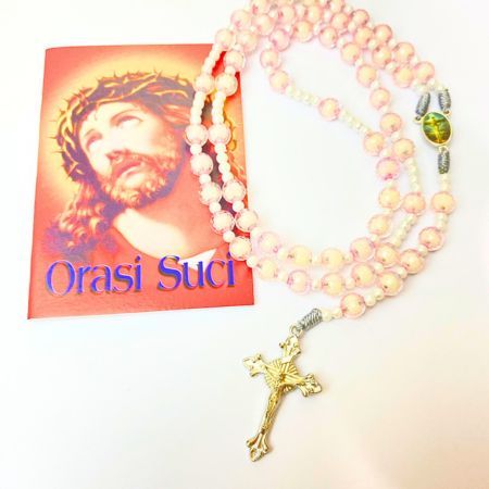 Paket doa rosario pink isi putih/mote isi dengan buku orasi suci katolik/mote lampion soft pink