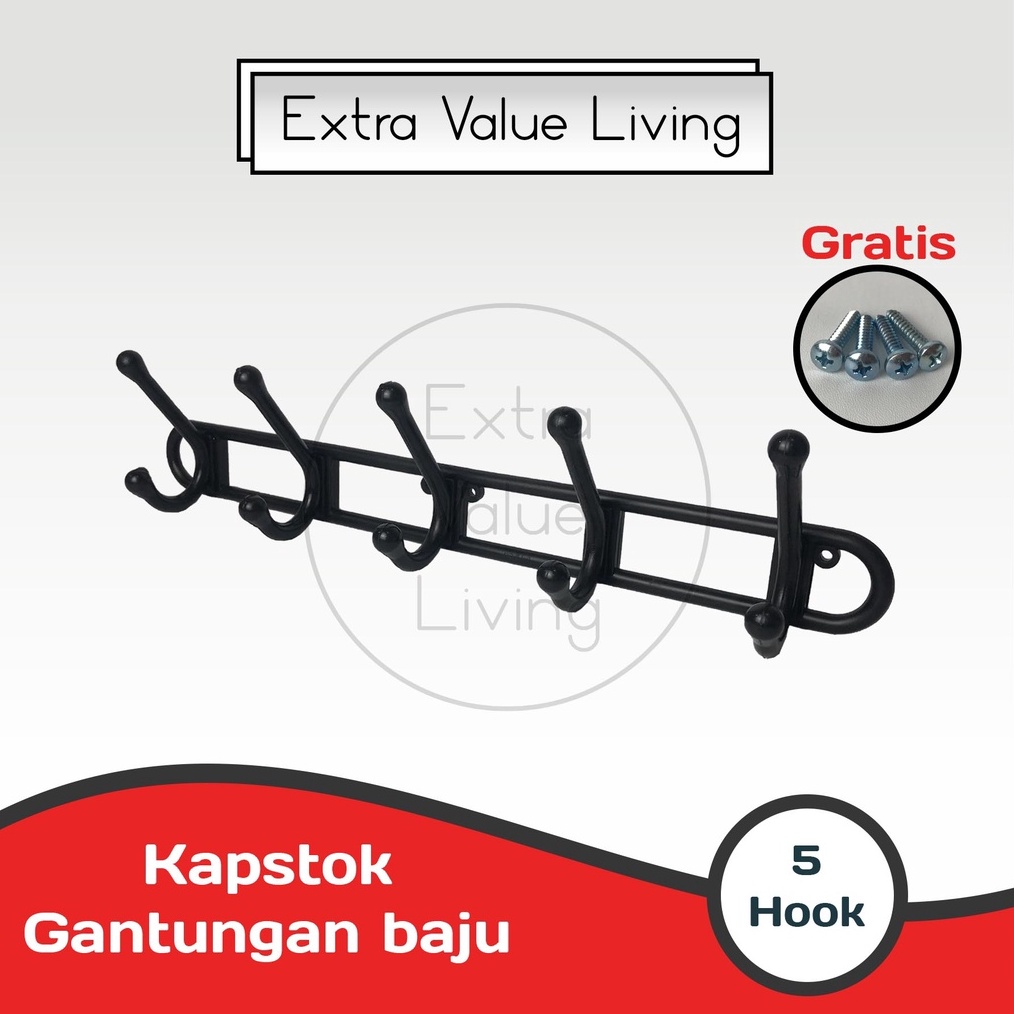 Diskon 35 Hari Ini VIENTO Kapstok Plastik 5 Gantungan Baju Wall Hanger Hitam