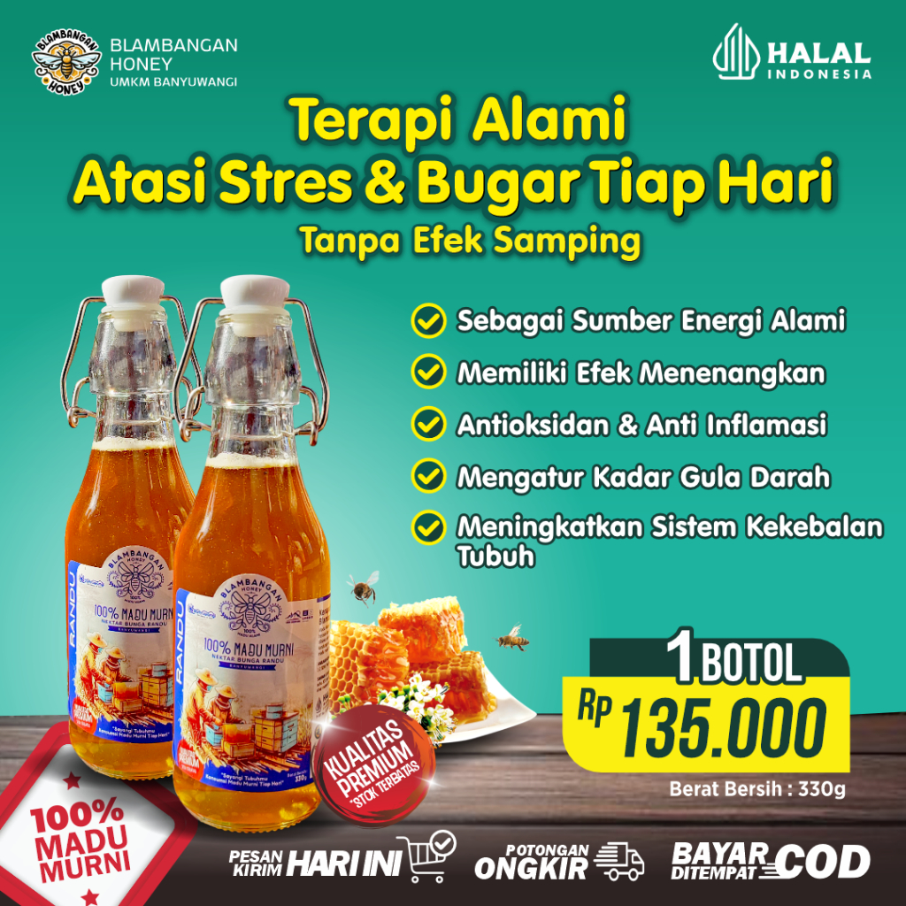 

Blambangan Honey Madu Murni Asli Alami - dari nektar bunga Randu Terapi alami atasi stres tidur jadi pulas dan bikin tubuh bugar bebas asam lambung tiap hari