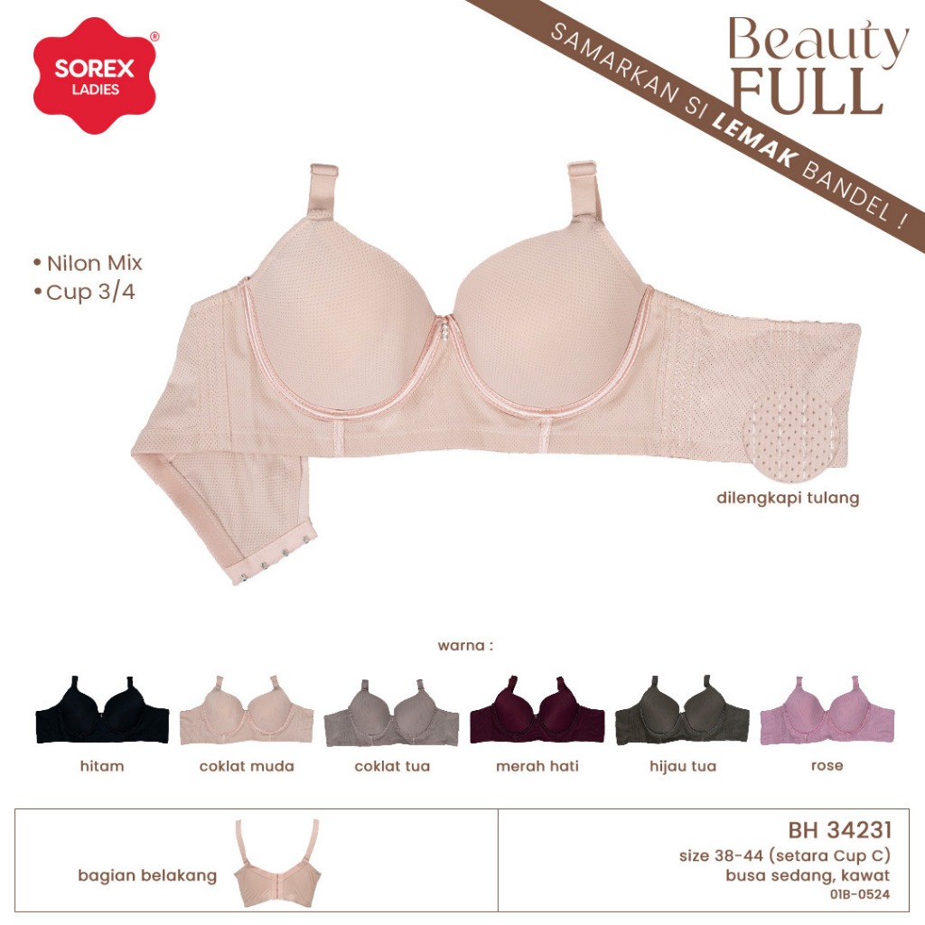 Bh Bra Sorex 34231 (Cup C) Penekan Lemak 38-44 Kait 4 Berpori Busa Tipis Pakai Kawat kp