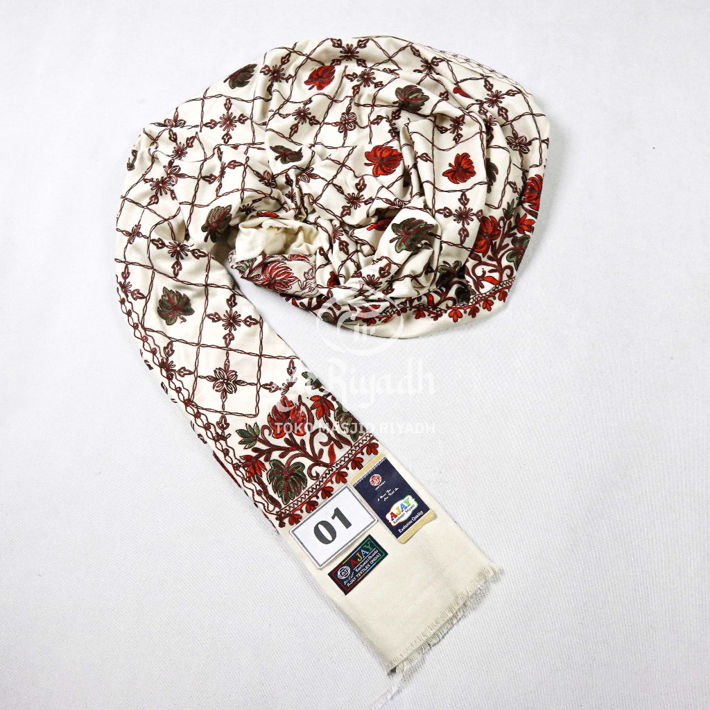 Sorban AJAY Kashmiri 18004 Putih Hitam Full Motif Sulam Timbul