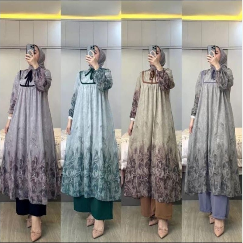 NEW SET LONG TUNIK ZAIMA VIRAL SETELAN TUNIK CERUTY TERLARIS SET OOTD HIJABERS KEKINIAN