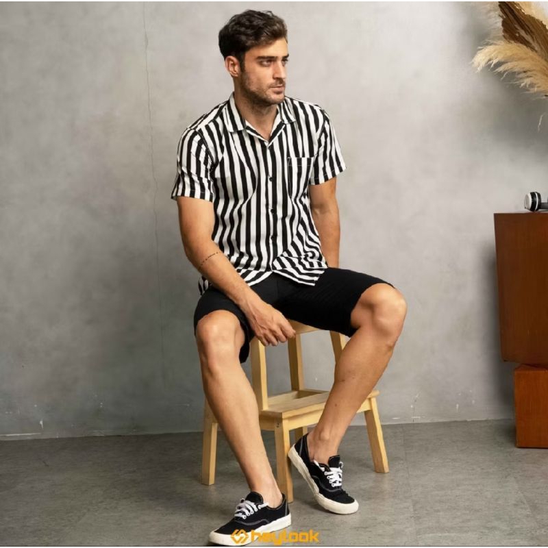Kemeja Pria Motif Salur Hitam Putih | Kemeja Hawaiian Stripe Lengan Pendek | Kemeja Printing Motif G