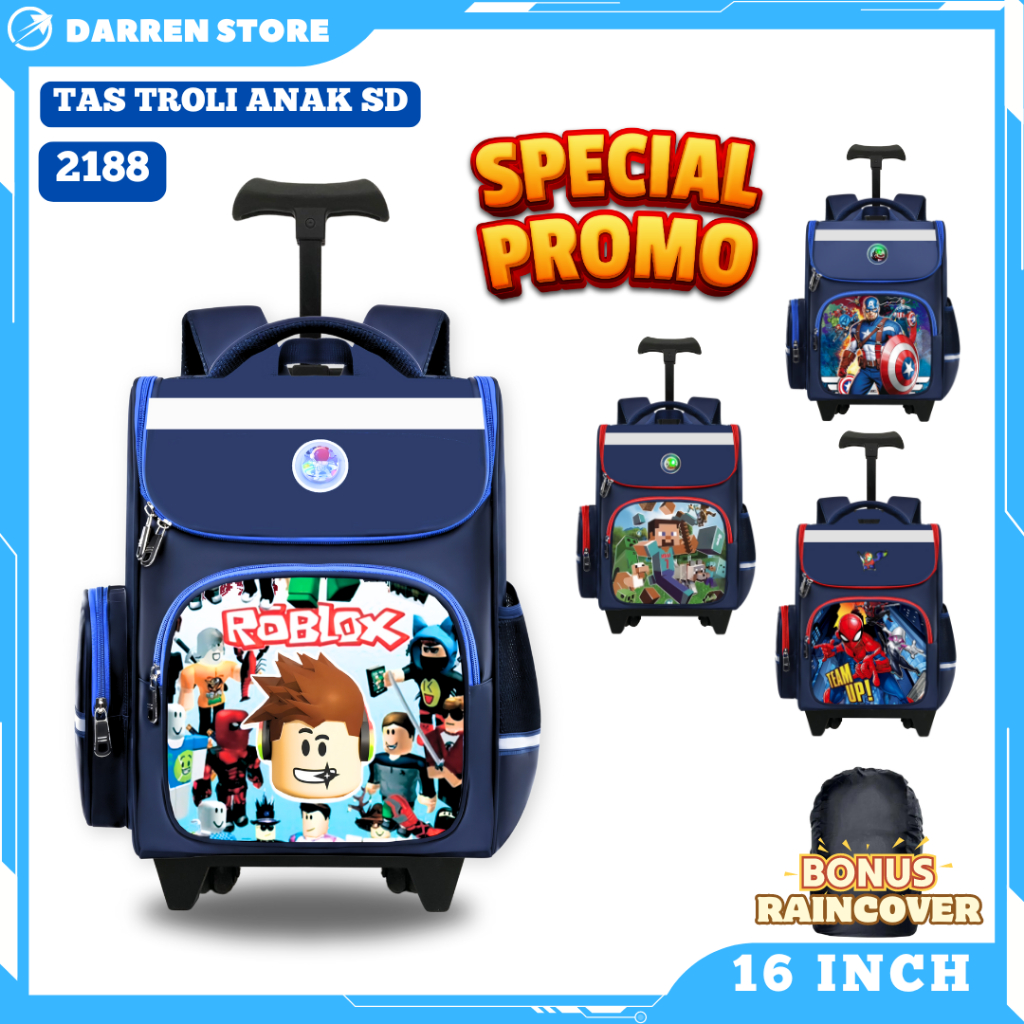 Tas koper anak laki-laki 16 inch Ransel dorong Karakter 3D DARREN STORE 2188