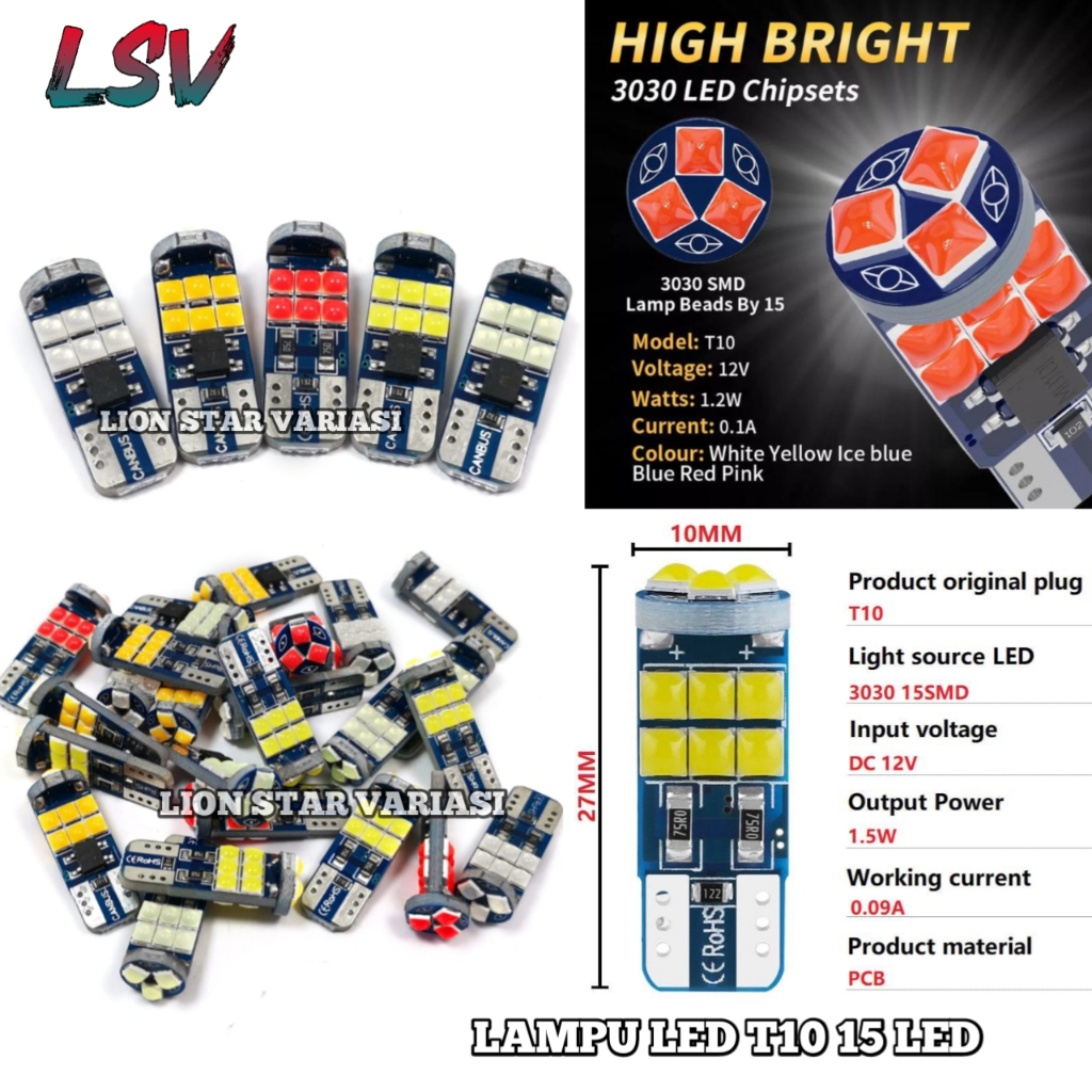 Lampu LED T10 W5W 15 SMD Chip 3030 SEN Dajjal T10 15 Mata LED Universal Motor