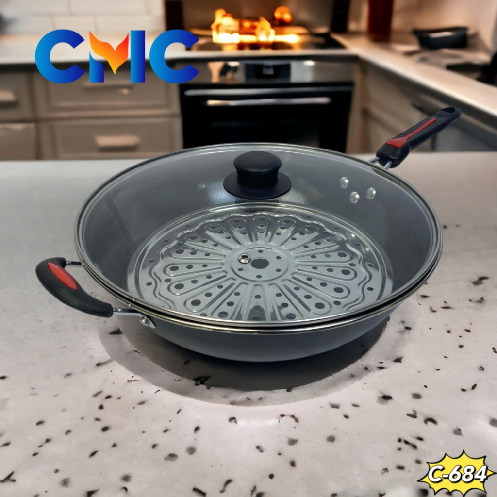 CMC[COD]Panci Wajan Goreng Anti Lengket Enamel Tutup Kaca + Tirisan Minyak + Kukusan/C-684