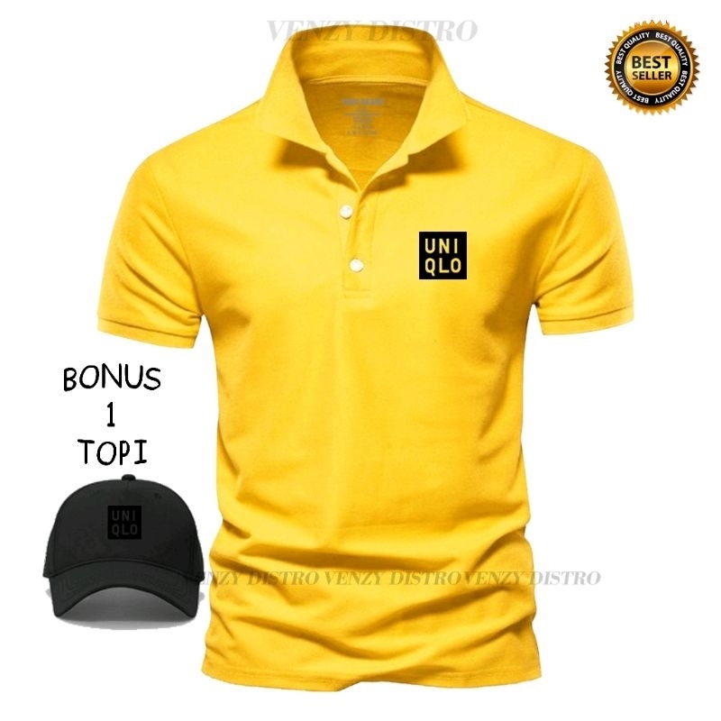 Bonus Topi  Baju  Polo Kerah Uniqlo Text Hitam Kaos Polo T Shirt Denim Premium Quality Atasan Pria W
