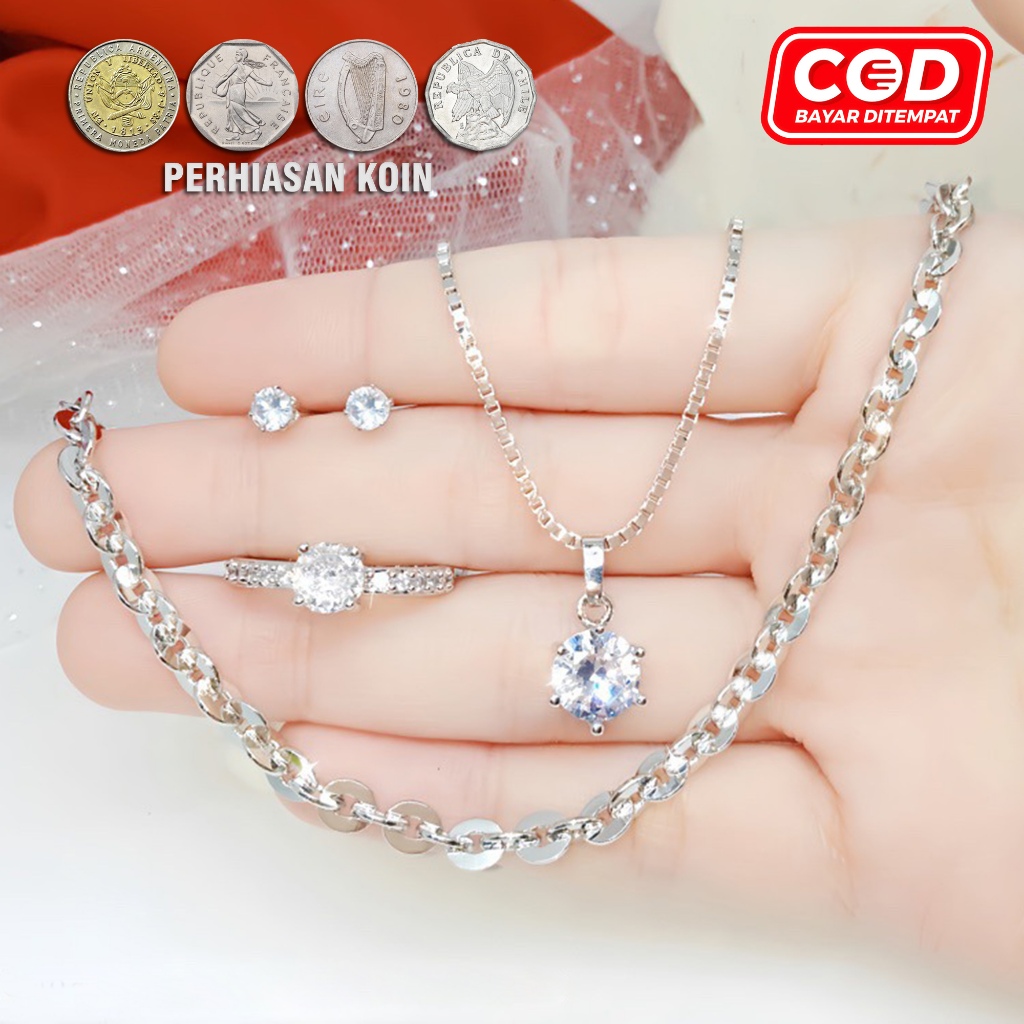 Set Perhiasan Rantai Nuri Perak Mata Satu Bahan Koin Titanium Fashion Model Korea