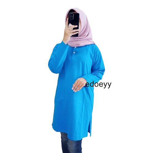 Kaos tunik BIRU TURKIS wanita katun berkancing busui