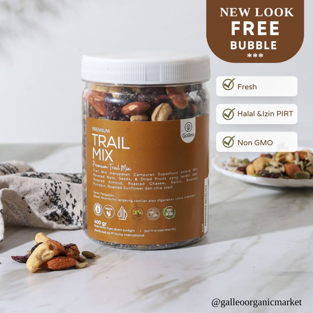 

Trail Mix Premium Galleo 500 Gr- Almond, Cranberry, Pumpkin Seed, Cashew, Raisin