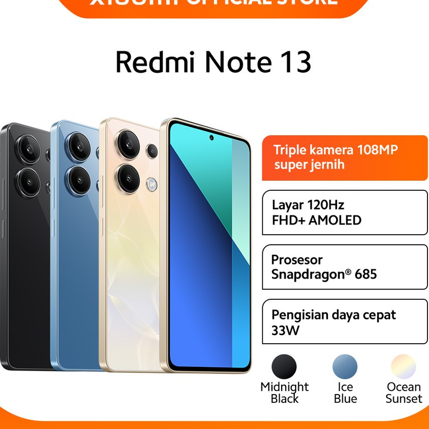 Xiaomi Redmi Note 13 (8GB/128GB) | (8GB/256GB) | Layar 120 Hz FHD+ AMOLED Tiga kamera 108 MP Proseso