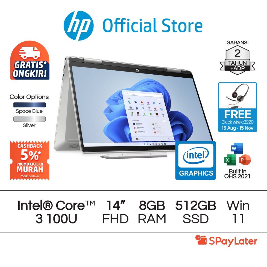 Cicilan Murah SPL - Laptop HP Pavilion x360 2 in 1 Intel Core 3 Intel Graphics 8GB RAM 512GB SSD Blu