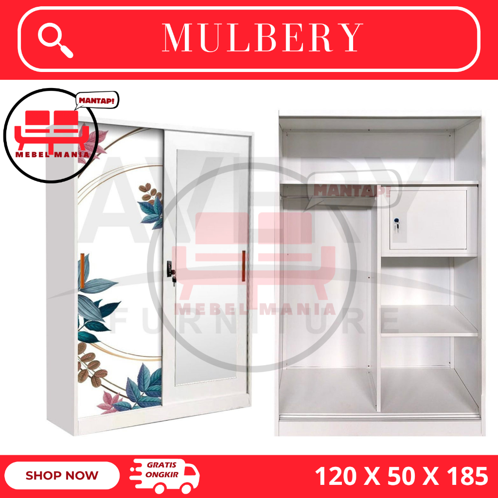 Lemari Baju 2 Pintu Besi - Lemari Baju Sliding - Almari Baju Besi Sliding - Lebar 120 cm - Lemari ba