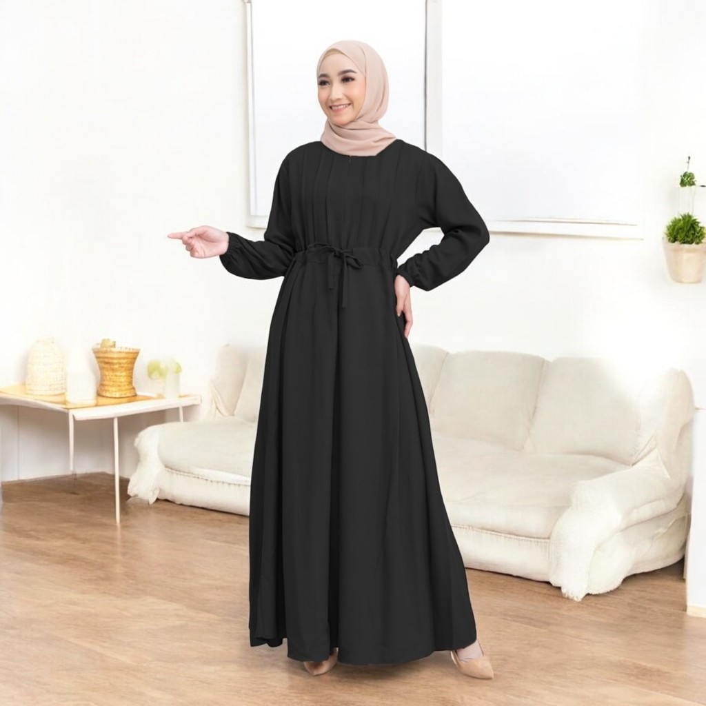 Gamis Hitam Polos Melia Dress Size S M L XL Baju Daily Wear Kekinian Bahan Cey Crinkle OOTD
