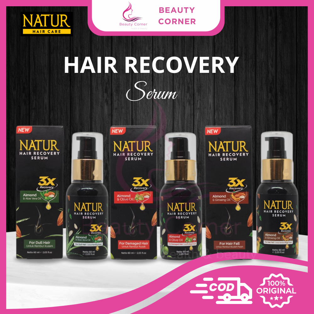 NATUR Hair Recovery Serum 60ml for Dull Damage Hair Fall - Almond & Ginseng Oil / Aloe Vera / Olive