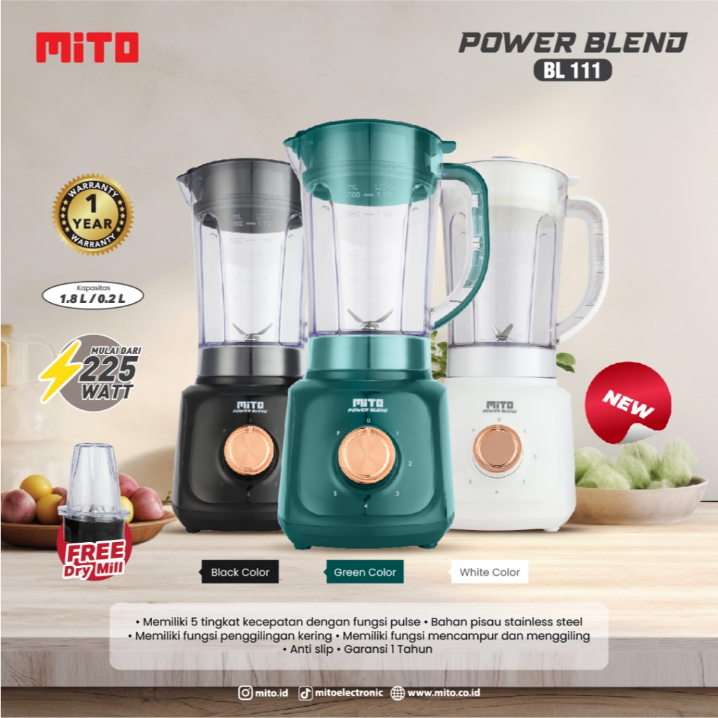 MITO POWER BLEND BL111 BLENDER 1.8 Liter- Low Watt, 5 Kontrol Kecepatan dan Fungsi Pulse dan Dry Mil