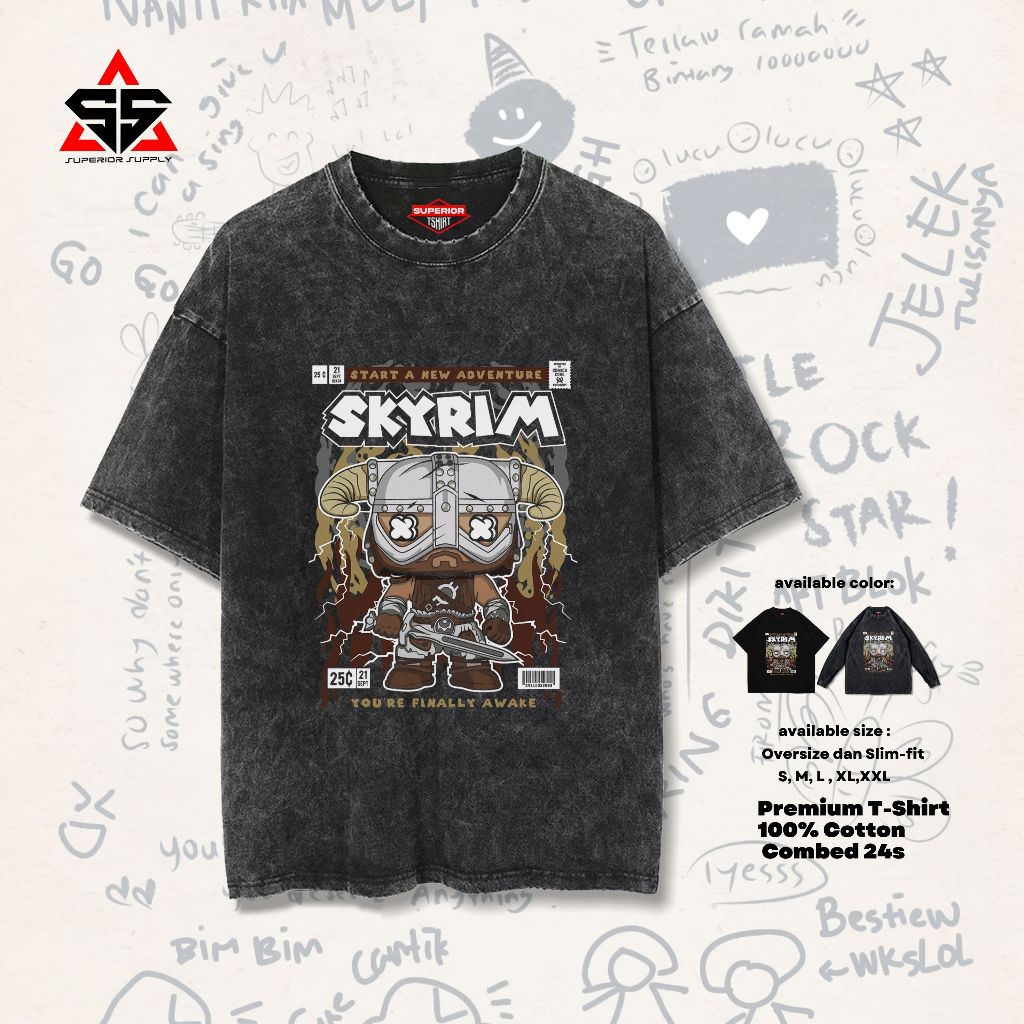 SUPERIOR Kaos Kartun Skyrim washed tshirt Oversized Stonewash slimfit SKYRIM-1