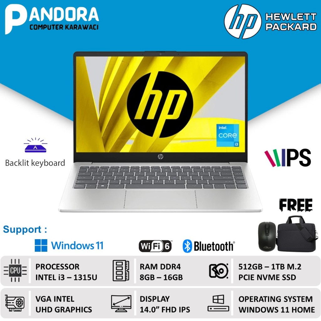 Laptop Baru HP 14s Core i3 1315U Gen 13 RAM 16GB 1TB SSD 14 inch FHD Ips Windows 11
