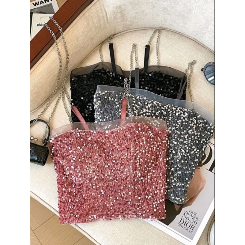 tanktop Manik sequin blink blink model crop dengan cup bra
