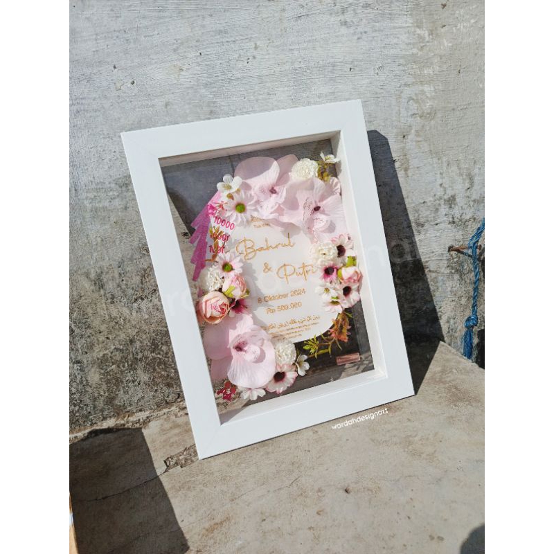 Mahar Pernikahan Bingkai Fiber 3D, Bunga Artificial / Mahar Rustic