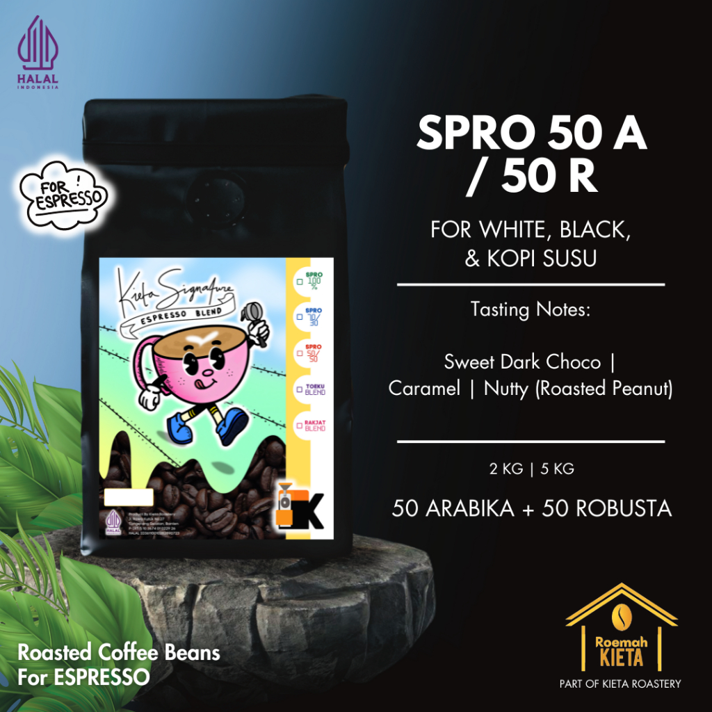 

Roemah Kieta - Biji Kopi Kemasan Grosir SPRO Espresso Blend 50 arabika / 50 robusta | Bubuk Roasted Espresso Coffee Beans