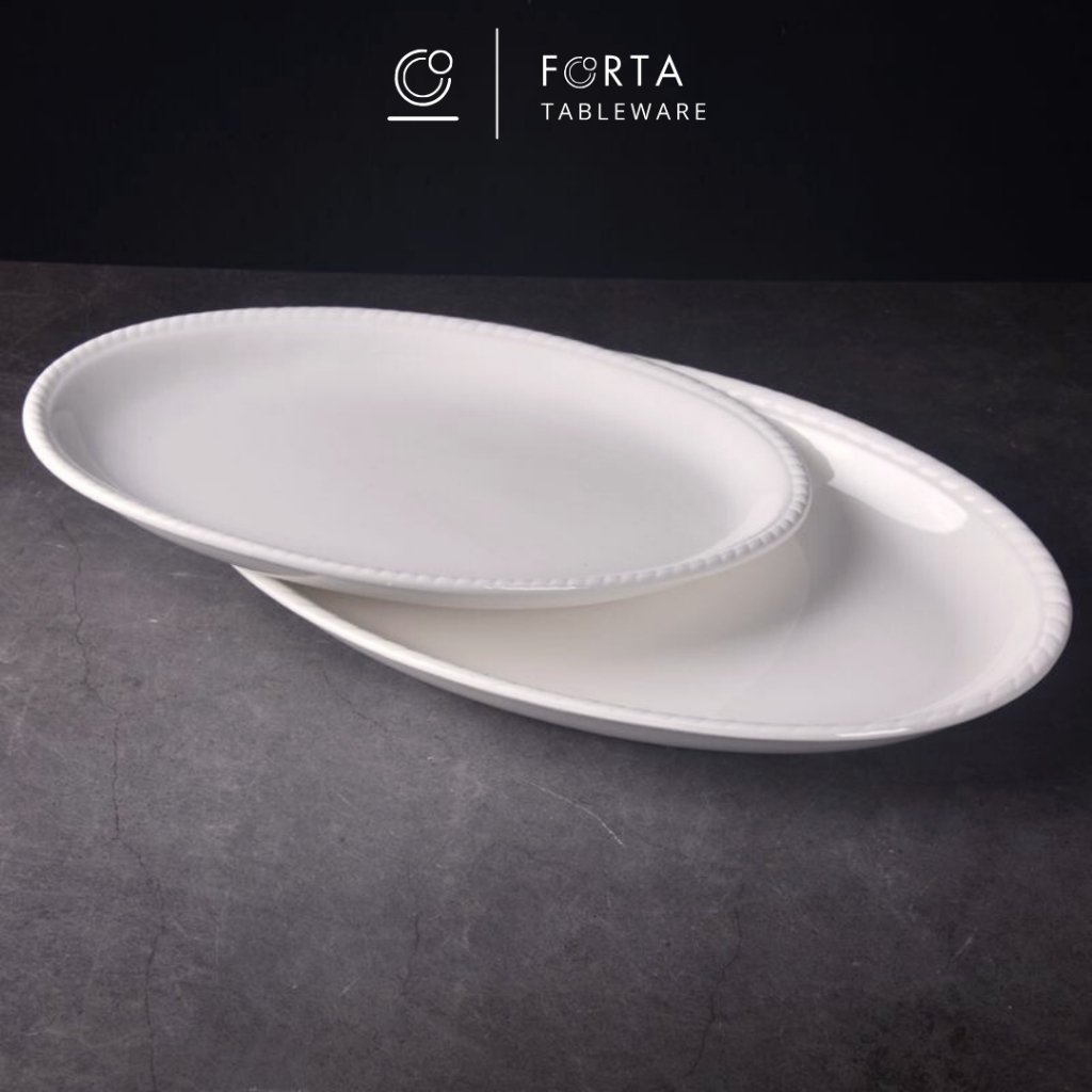 FORTA Piring Keramik Oval Klasik Gelombang / Piring Saji Restoran (30 cm|36 cm|40 cm)