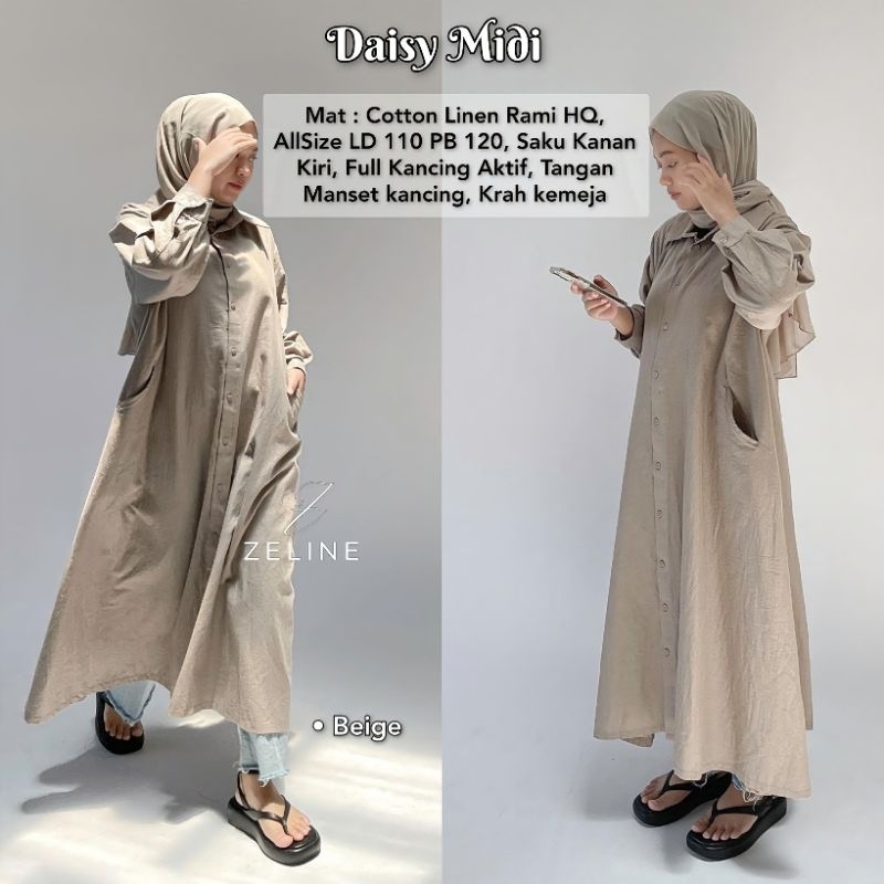 Daisy Midi Dress Bahan Linen Rami HQ berlabel Zeline-Midi Dress Polos Jumbo LD 110 Simple Casual-Mid