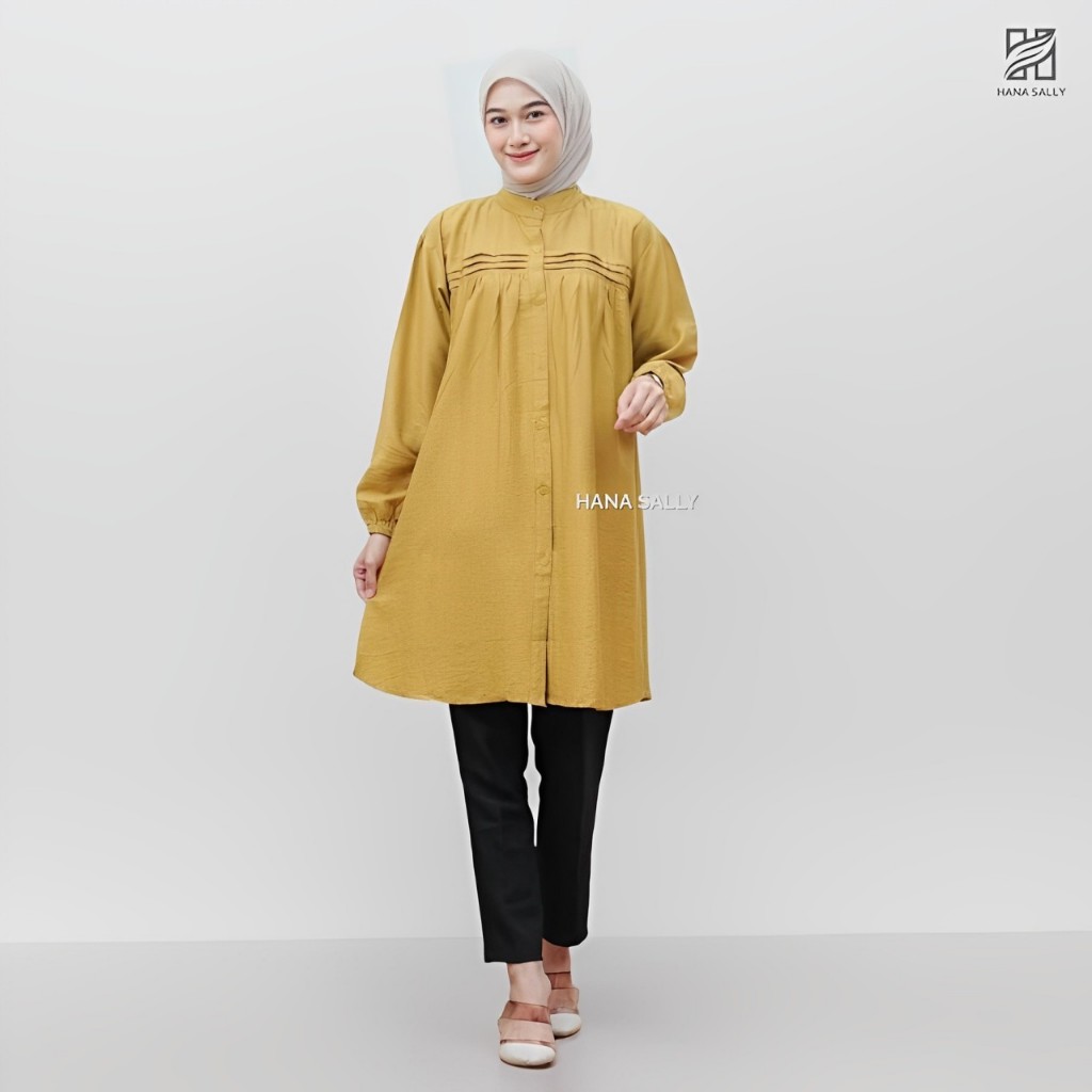 Luna Long Tunik Polo Linen Jumbo Atasan Basic Wanita Kemeja Blouse Polos Baju Muslim Busui Lengan Pa