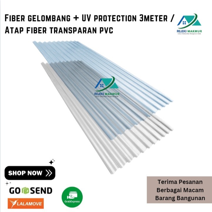 Fiber gelombang + UV protection 3m x80cmx0.8mm putih susu / Atap fiber bening transparan pvc