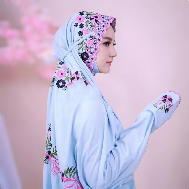 MUKENA TERUSAN SANTRI BORDIR BAHAN POLINO | TELEKUNG TERUSAN MOTOF BUNGA HITAM | MUKENAA SANTRI REMA