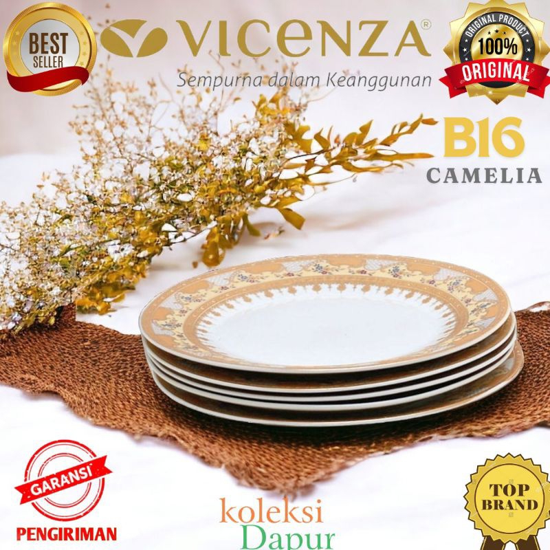 Set Piring Makan 10.5 inch VICENZA B16 Motif CAMELIA plate porselen, paket perlengkapan 6 pcs perang
