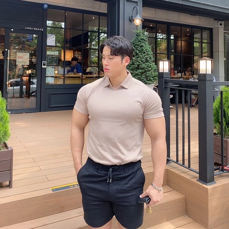 Kaos kerah fashion pria gym musclefit santai atasan keren bagus korea