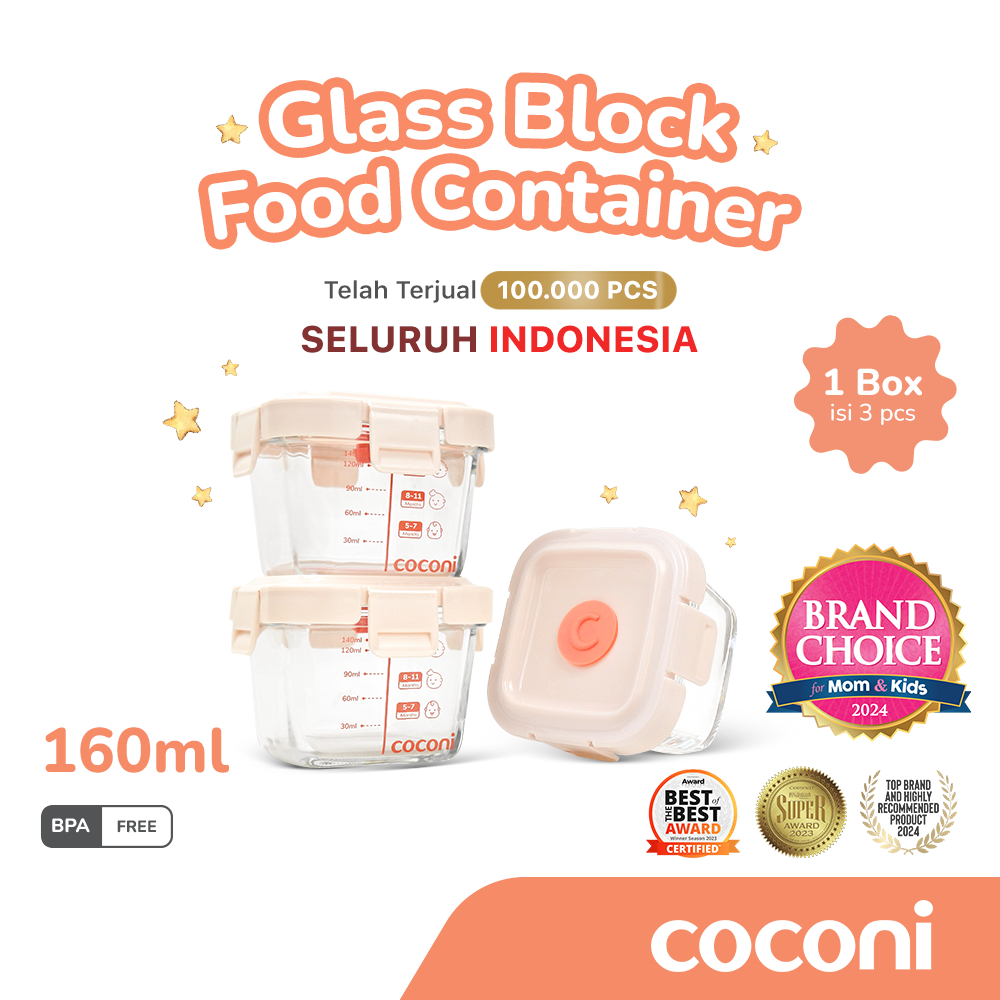 COCONI Baby Food Glass Container 3 Pcs x 160ml | Wadah Penyimpanan Makan Kaca Anak MPASI Kedap Udara
