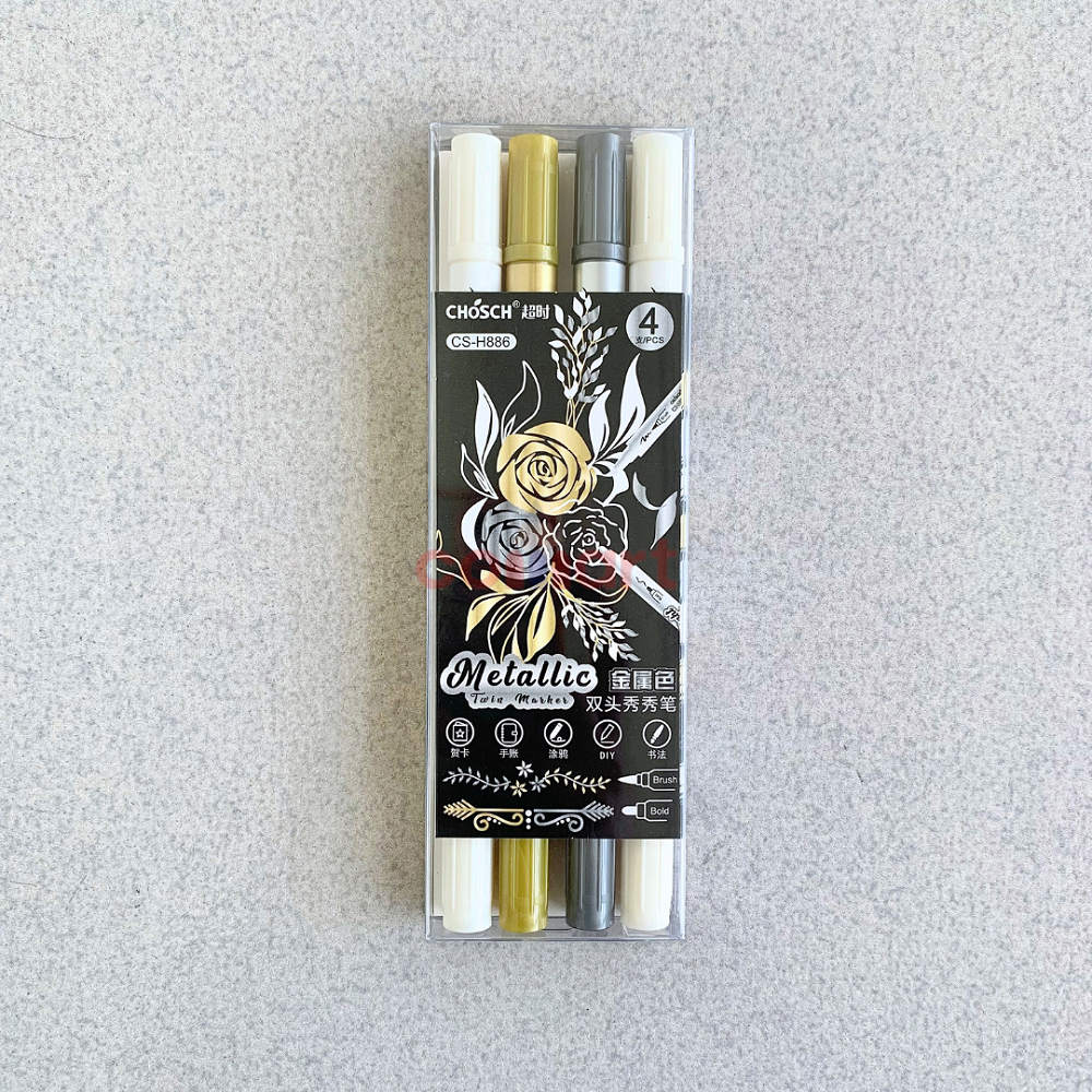 

Metallic Twin Marker Brush Chosch CS-H886 - Pen Highlighter 2 sisi - 4 Pcs/pack - Double Ended Pen - Stabillo Metalik