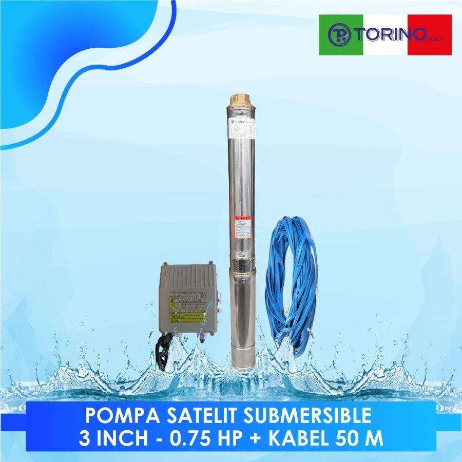 Pompa air Submersible Satelit Torino 3 inchi - 0.75HP + kabel 50M