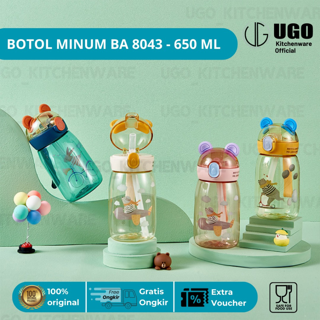 BERINDO Botol Air Sedotan Plastik Anak Sekolah 650ml | Botol Minuman Aesthetic Lucu Motif Kuping | B
